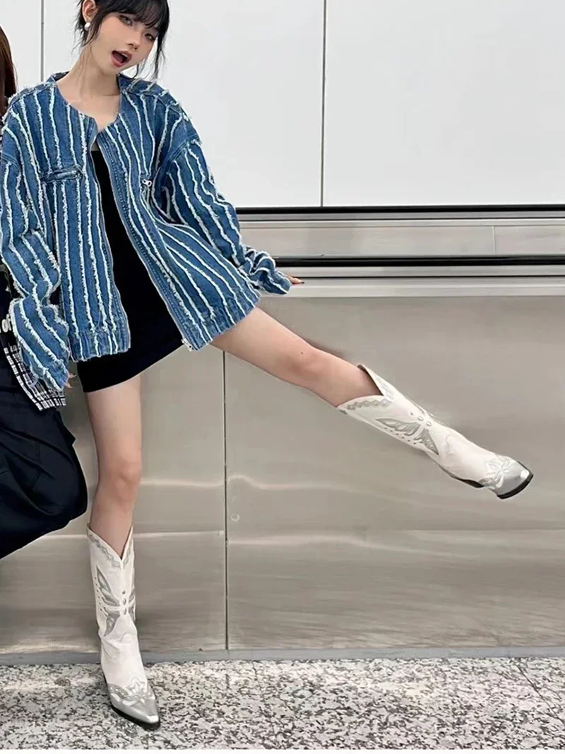 Vintage Embroidery Women Western Cowgirl Boots Fashion Slip on Shoes Autumn Winter Square Heel Ladies Knight Long Booties