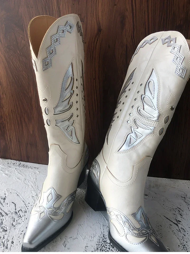 Vintage Embroidery Women Western Cowgirl Boots Fashion Slip on Shoes Autumn Winter Square Heel Ladies Knight Long Booties