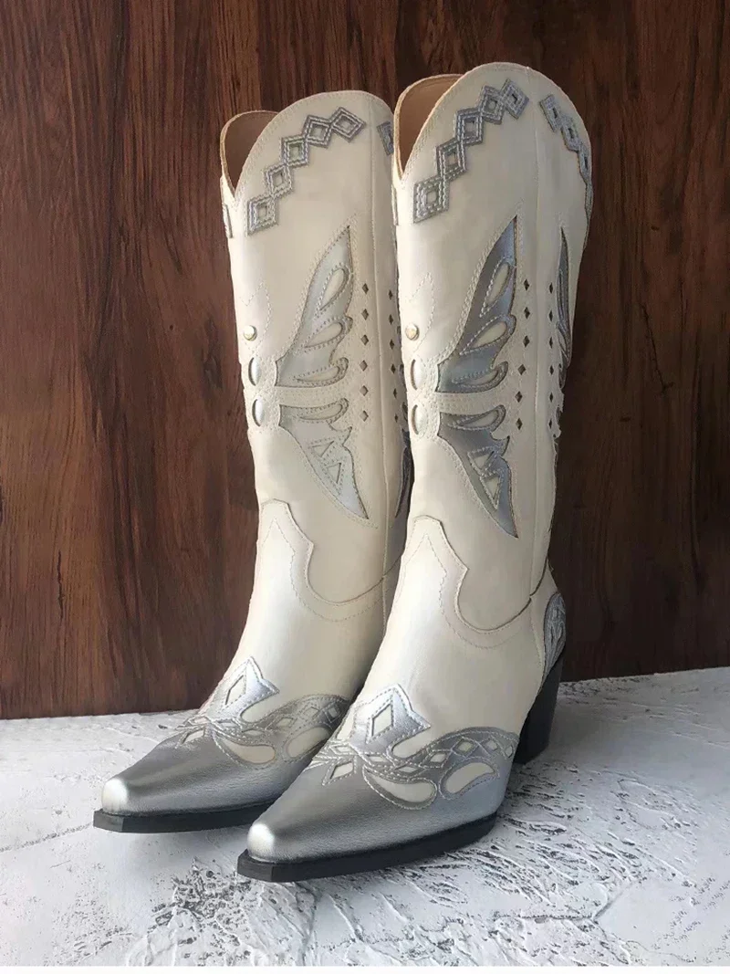 Vintage Embroidery Women Western Cowgirl Boots Fashion Slip on Shoes Autumn Winter Square Heel Ladies Knight Long Booties