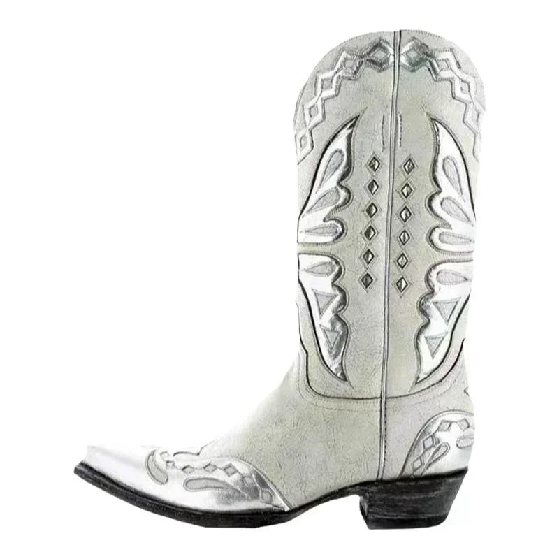 Vintage Embroidery Women Western Cowgirl Boots Fashion Slip on Shoes Autumn Winter Square Heel Ladies Knight Long Booties