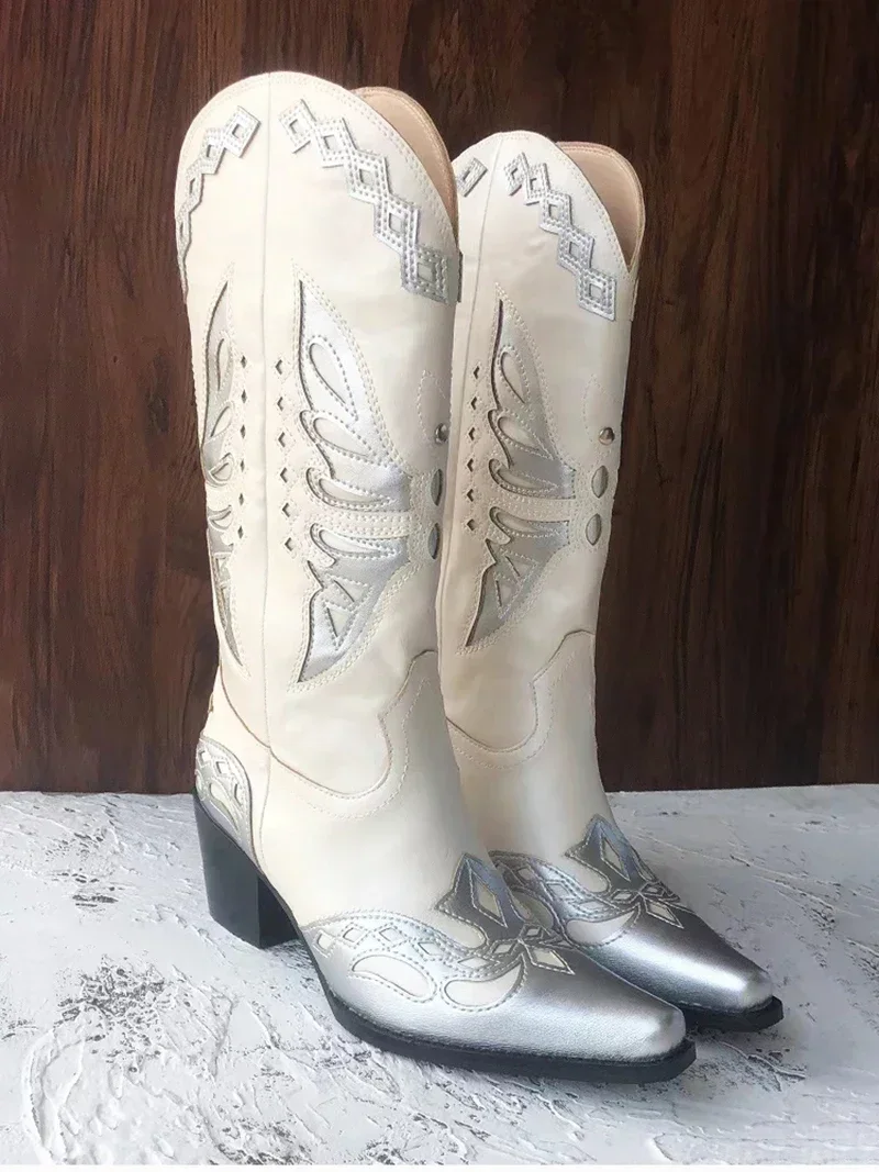 Vintage Embroidery Women Western Cowgirl Boots Fashion Slip on Shoes Autumn Winter Square Heel Ladies Knight Long Booties