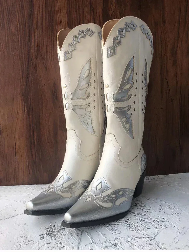 Vintage Embroidery Women Western Cowgirl Boots Fashion Slip on Shoes Autumn Winter Square Heel Ladies Knight Long Booties