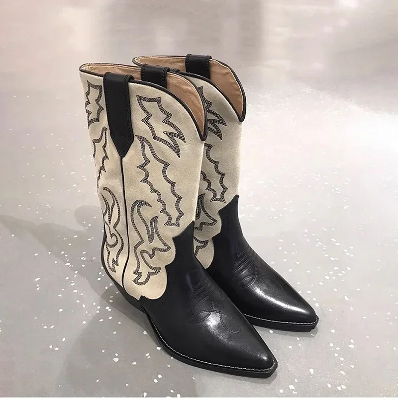 Embroidery Women Western Cowboy Boots Fashion Slip On Thick Heel Knight Long Booties Retro Style Autumn Winter Female Shoes