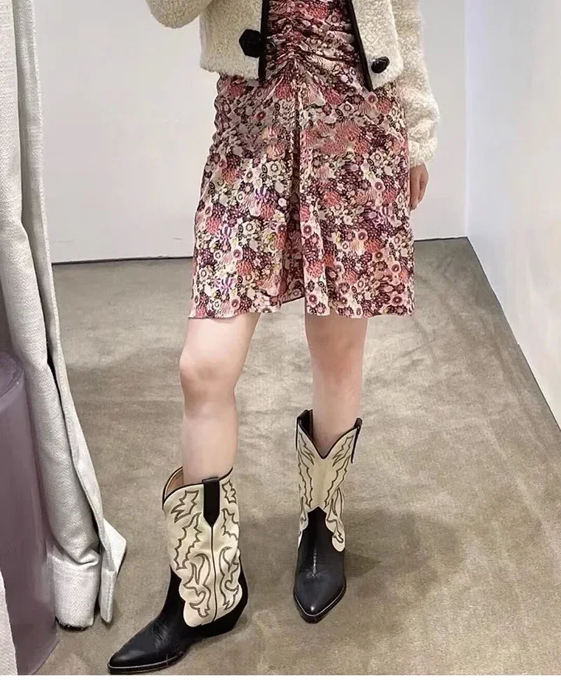 Embroidery Women Western Cowboy Boots Fashion Slip On Thick Heel Knight Long Booties Retro Style Autumn Winter Female Shoes