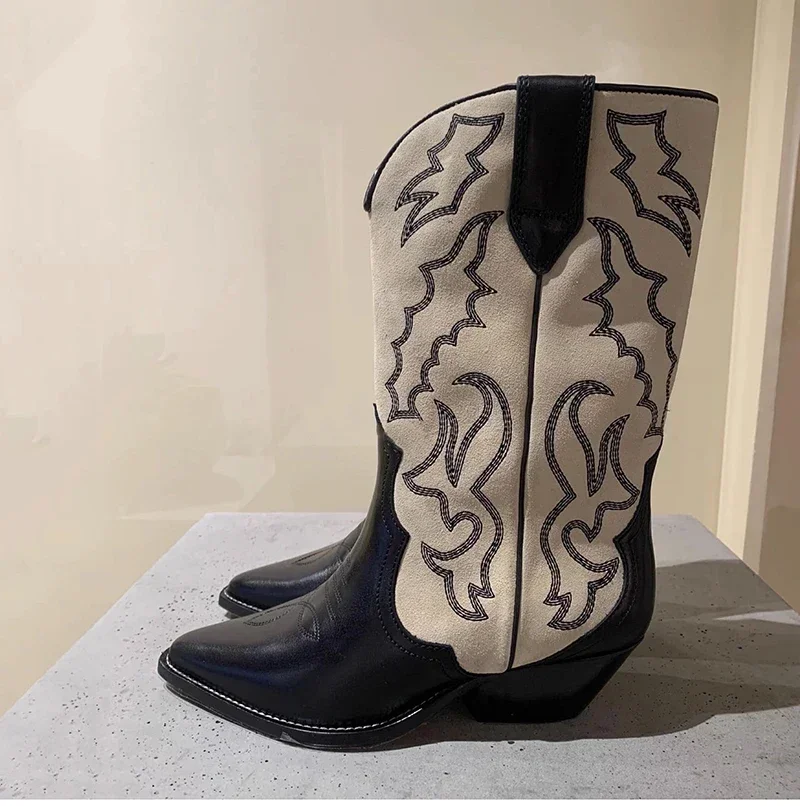 Embroidery Women Western Cowboy Boots Fashion Slip On Thick Heel Knight Long Booties Retro Style Autumn Winter Female Shoes