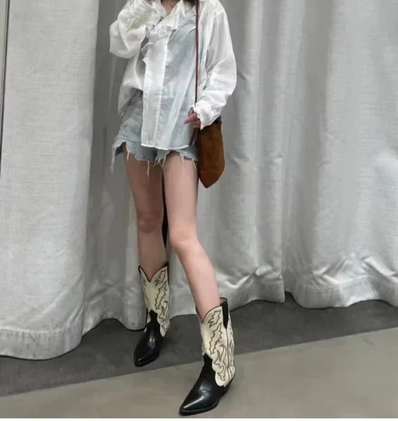 Embroidery Women Western Cowboy Boots Fashion Slip On Thick Heel Knight Long Booties Retro Style Autumn Winter Female Shoes