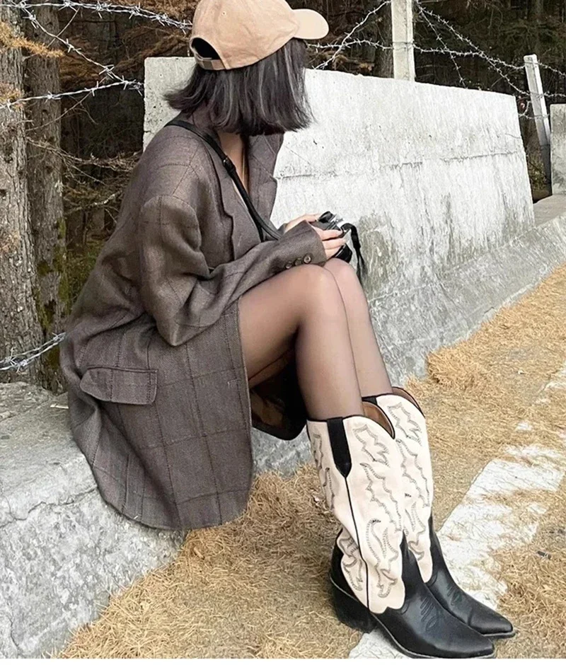 Embroidery Women Western Cowboy Boots Fashion Slip On Thick Heel Knight Long Booties Retro Style Autumn Winter Female Shoes