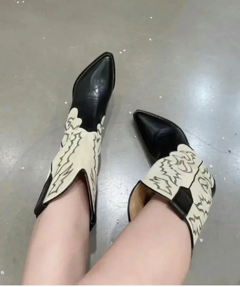 Embroidery Women Western Cowboy Boots Fashion Slip On Thick Heel Knight Long Booties Retro Style Autumn Winter Female Shoes