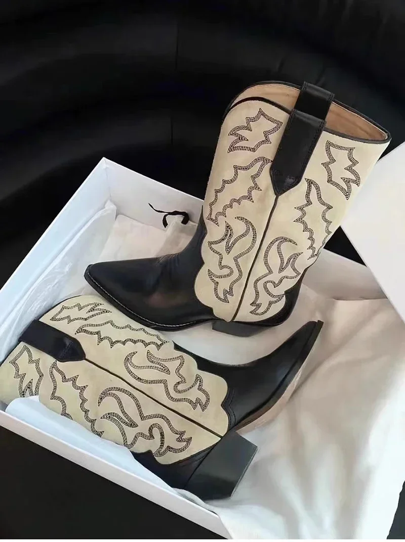 Embroidery Women Western Cowboy Boots Fashion Slip On Thick Heel Knight Long Booties Retro Style Autumn Winter Female Shoes