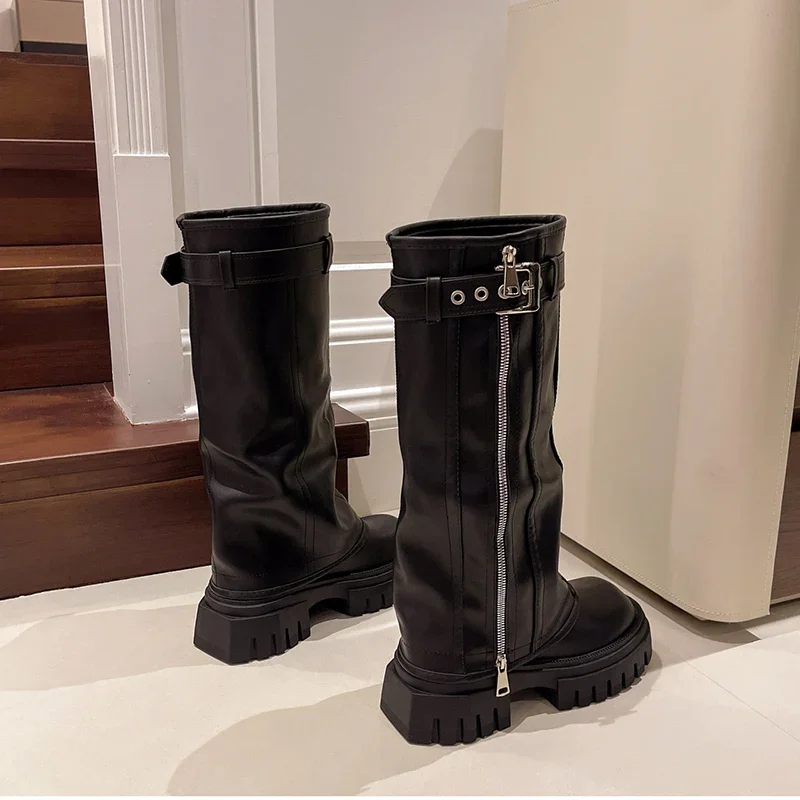 Platform Women Western Cowgirl Boots Fashion Slip on Belt Buckle Long Boots Autumn Winter Women's Biker Booties