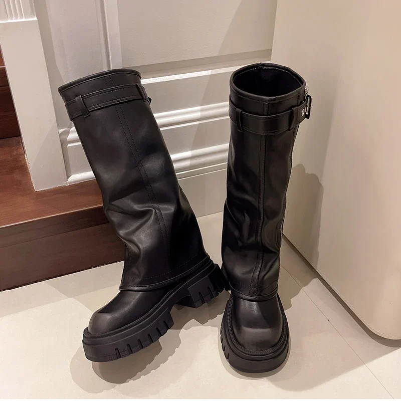 Platform Women Western Cowgirl Boots Fashion Slip on Belt Buckle Long Boots Autumn Winter Women's Biker Booties