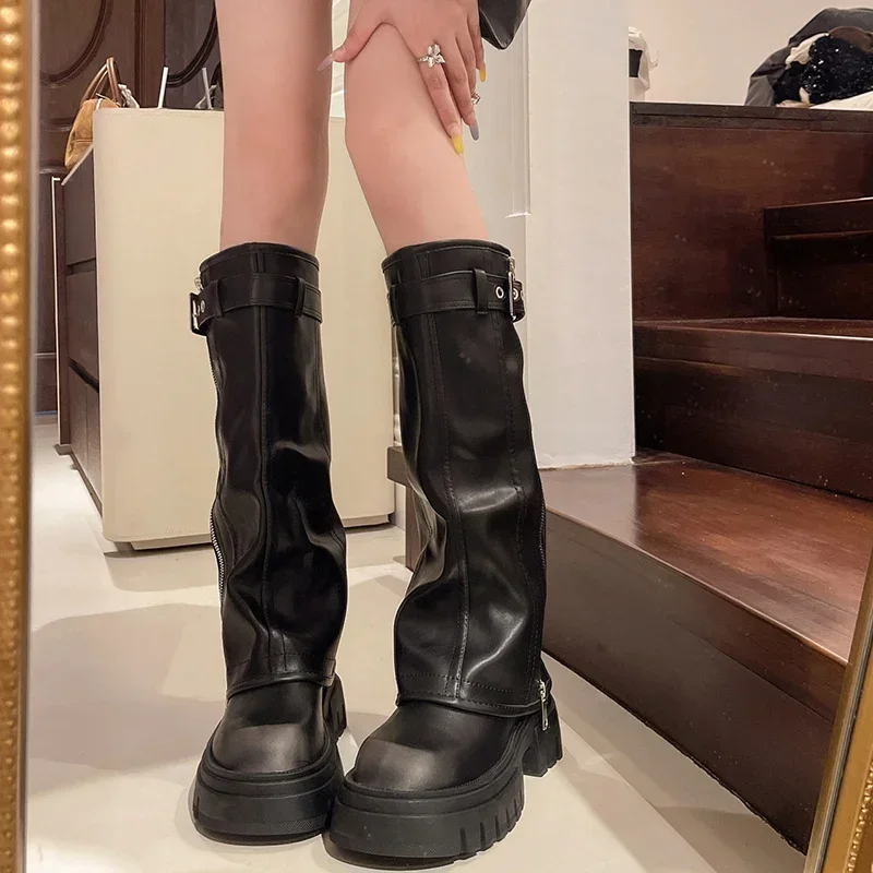 Platform Women Western Cowgirl Boots Fashion Slip on Belt Buckle Long Boots Autumn Winter Women’s Biker Booties Platform Women Western Cowgirl Boots Fashion Slip on Belt Buckle Long Boots Autumn Winter Women's Biker Booties