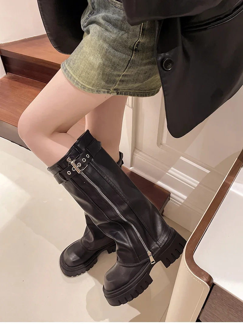 Platform Women Western Cowgirl Boots Fashion Slip on Belt Buckle Long Boots Autumn Winter Women's Biker Booties
