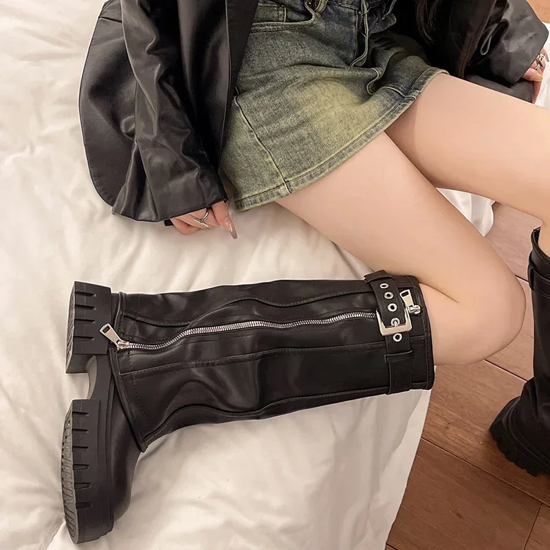 Platform Women Western Cowgirl Boots Fashion Slip on Belt Buckle Long Boots Autumn Winter Women’s Biker Booties Platform Women Western Cowgirl Boots Fashion Slip on Belt Buckle Long Boots Autumn Winter Women's Biker Booties