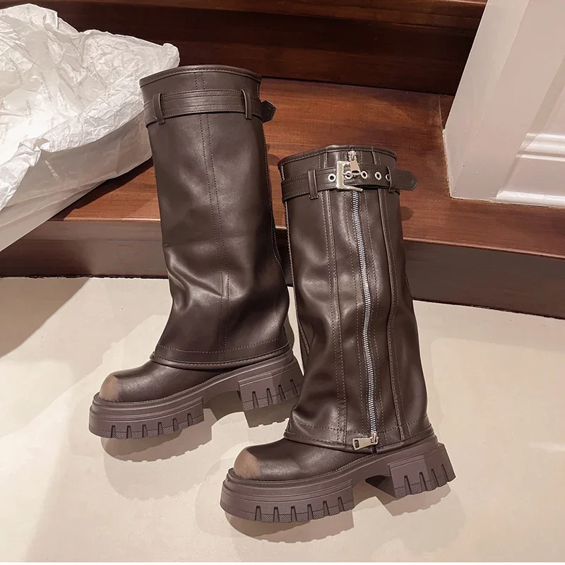 Platform Women Western Cowgirl Boots Fashion Slip on Belt Buckle Long Boots Autumn Winter Women's Biker Booties