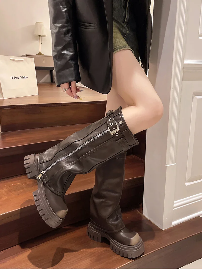 Platform Women Western Cowgirl Boots Fashion Slip on Belt Buckle Long Boots Autumn Winter Women's Biker Booties