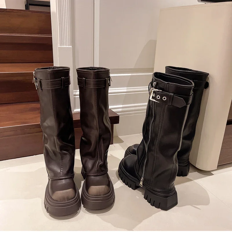 Platform Women Western Cowgirl Boots Fashion Slip on Belt Buckle Long Boots Autumn Winter Women's Biker Booties