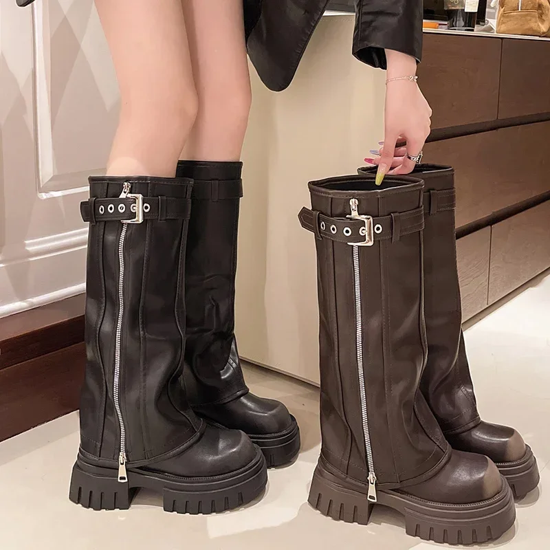 Platform Women Western Cowgirl Boots Fashion Slip on Belt Buckle Long Boots Autumn Winter Women’s Biker Booties Platform Women Western Cowgirl Boots Fashion Slip on Belt Buckle Long Boots Autumn Winter Women's Biker Booties