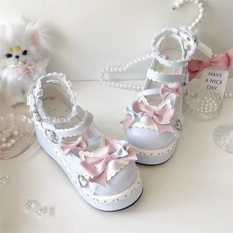 Lovely Girls Lolita Sweet Bowknots Platform Shoes Kawaii Alice Lace Flat Elevator Shoes Mary Janes