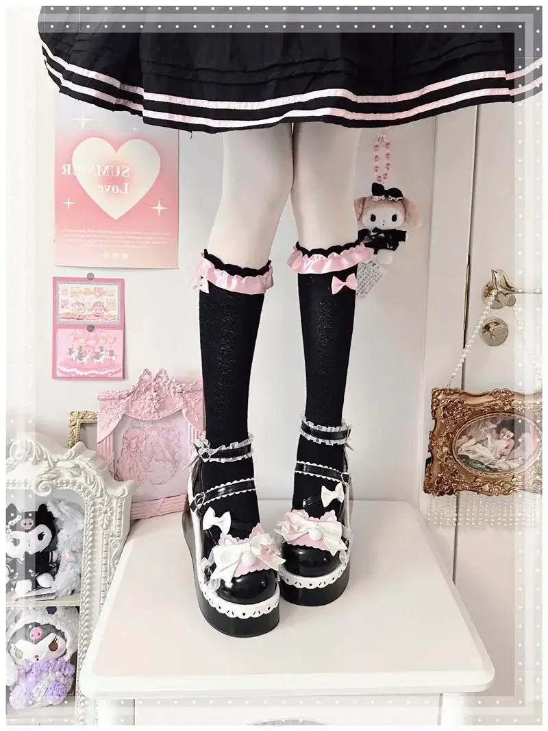 Lovely Girls Lolita Sweet Bowknots Platform Shoes Kawaii Alice Lace Flat Elevator Shoes Mary Janes