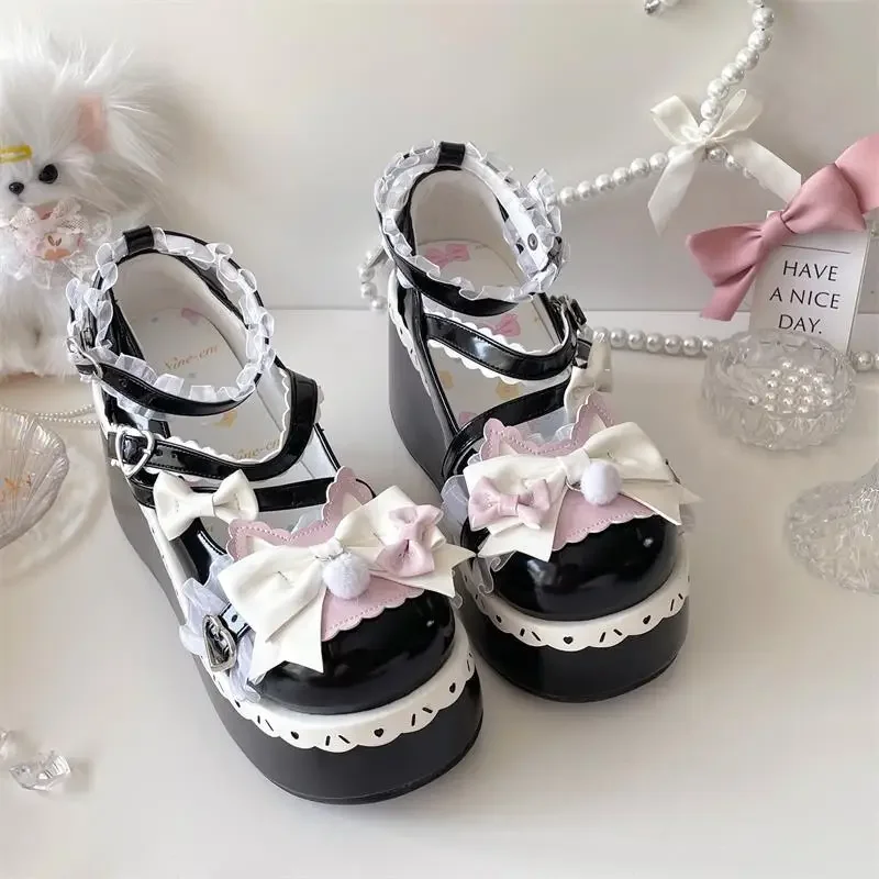 Lovely Girls Lolita Sweet Bowknots Platform Shoes Kawaii Alice Lace Flat Elevator Shoes Mary Janes