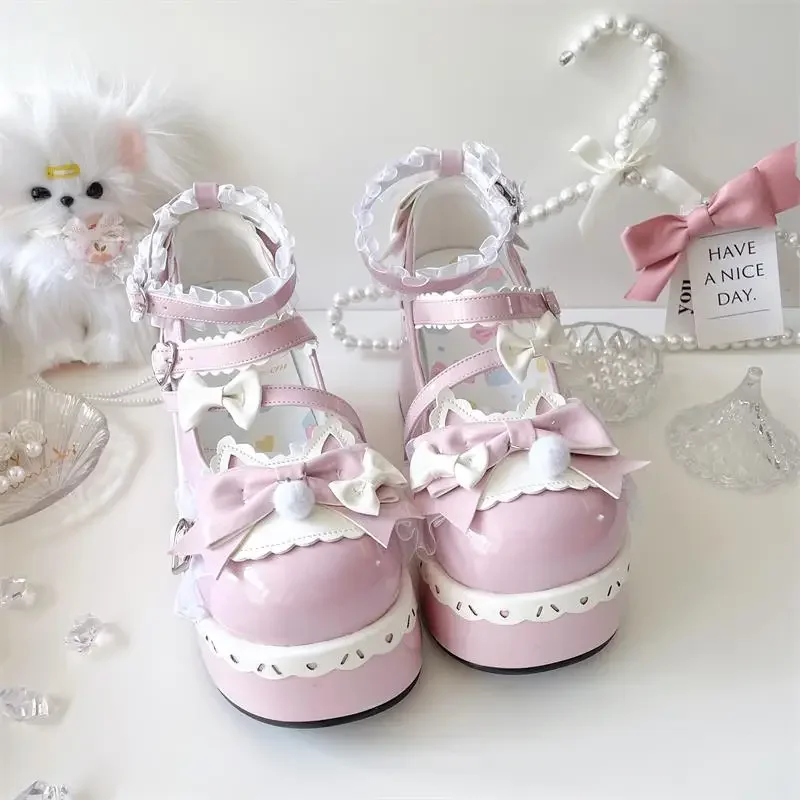Lovely Girls Lolita Sweet Bowknots Platform Shoes Kawaii Alice Lace Flat Elevator Shoes Mary Janes