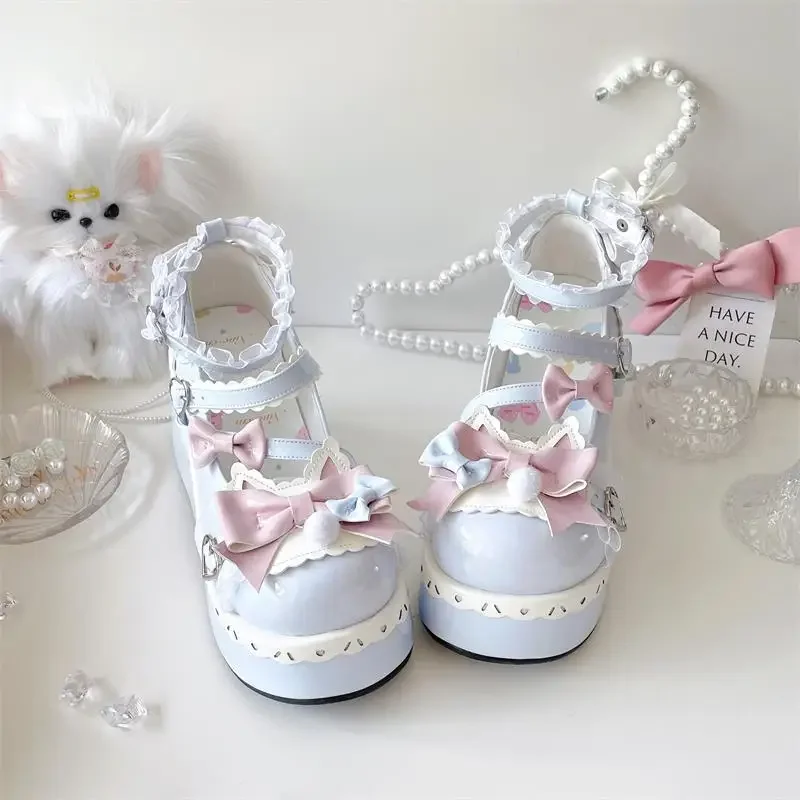 Lovely Girls Lolita Sweet Bowknots Platform Shoes Kawaii Alice Lace Flat Elevator Shoes Mary Janes