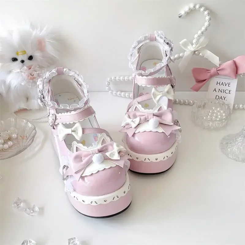 Lovely Girls Lolita Sweet Bowknots Platform Shoes Kawaii Alice Lace Flat Elevator Shoes Mary Janes