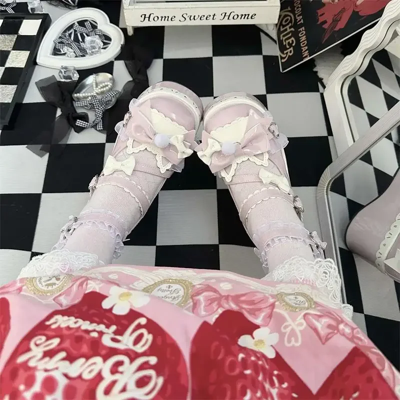 Lovely Girls Lolita Sweet Bowknots Platform Shoes Kawaii Alice Lace Flat Elevator Shoes Mary Janes