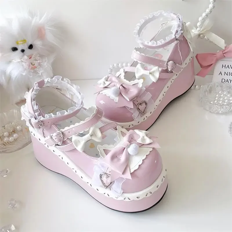 Lovely Girls Lolita Sweet Bowknots Platform Shoes Kawaii Alice Lace Flat Elevator Shoes Mary Janes