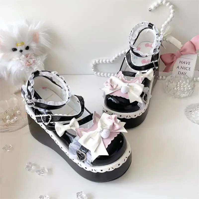 Lovely Girls Lolita Sweet Bowknots Platform Shoes Kawaii Alice Lace Flat Elevator Shoes Mary Janes