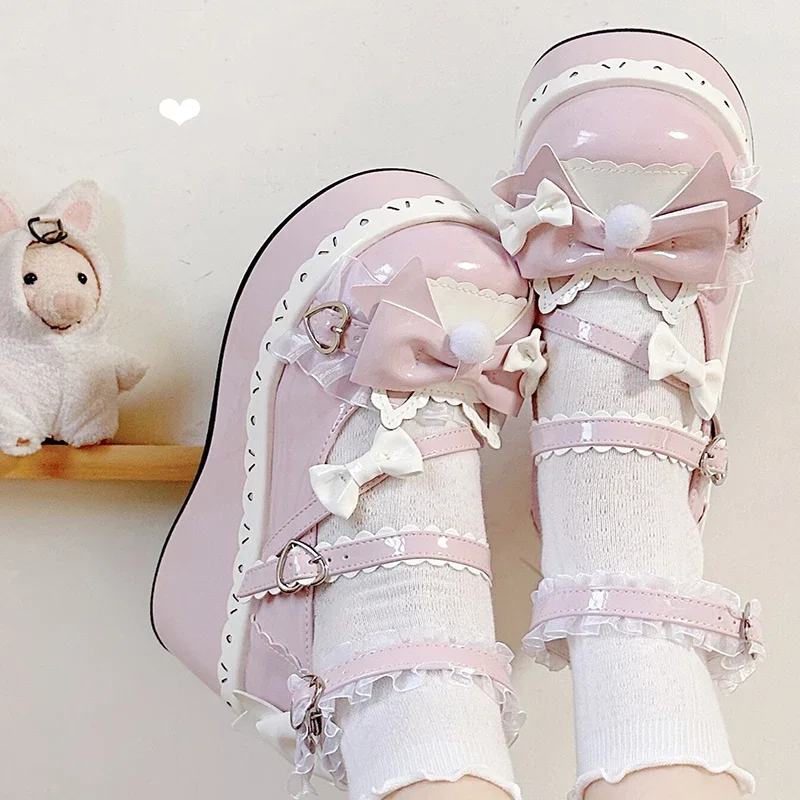 Lovely Girls Lolita Sweet Bowknots Platform Shoes Kawaii Alice Lace Flat Elevator Shoes Mary Janes