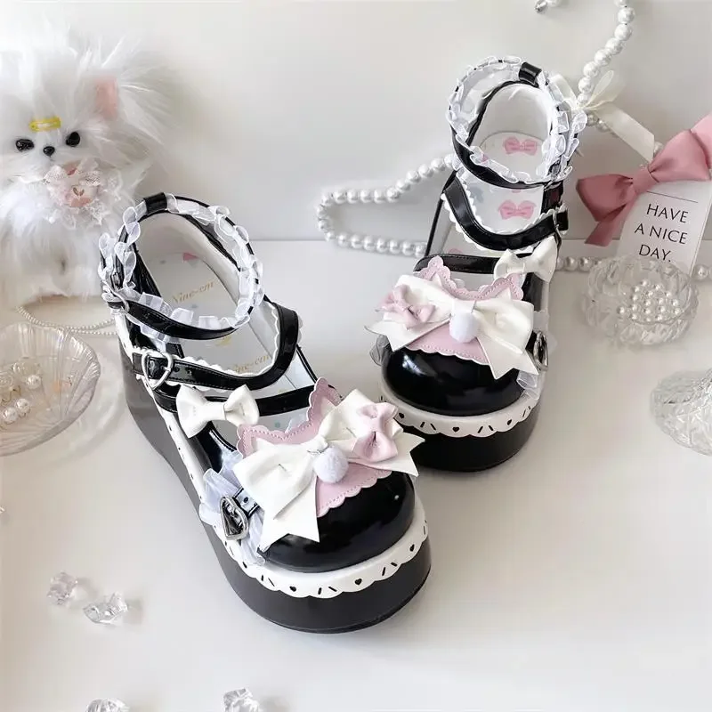 Lovely Girls Lolita Sweet Bowknots Platform Shoes Kawaii Alice Lace Flat Elevator Shoes Mary Janes