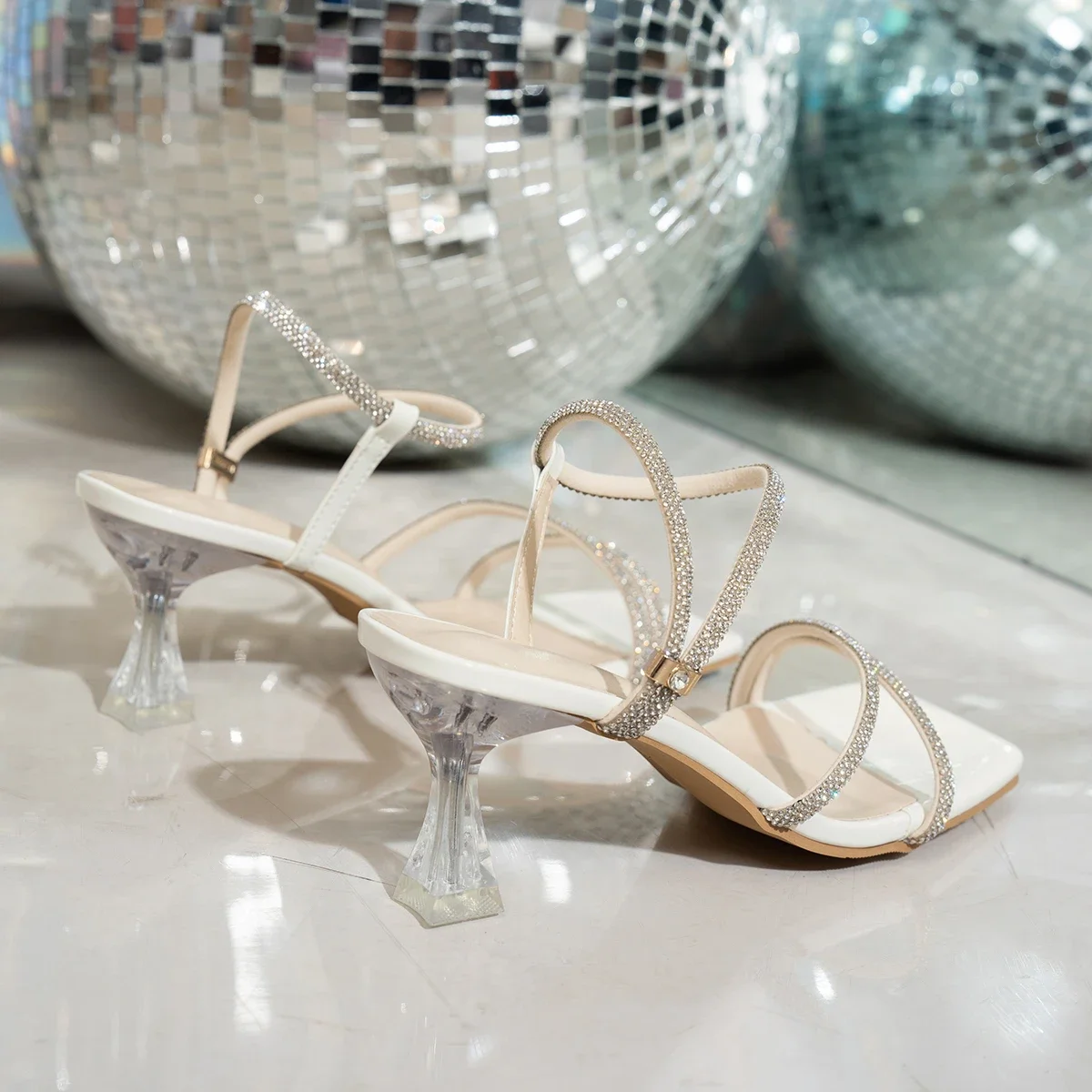 Women's Summer Sexy Fashion Open Toe Women's Slip-on Sandals with Rhinestones Shiny Square Party Ladies High Heels Large Size