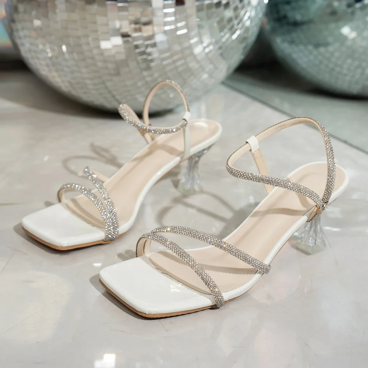 Women's Summer Sexy Fashion Open Toe Women's Slip-on Sandals with Rhinestones Shiny Square Party Ladies High Heels Large Size