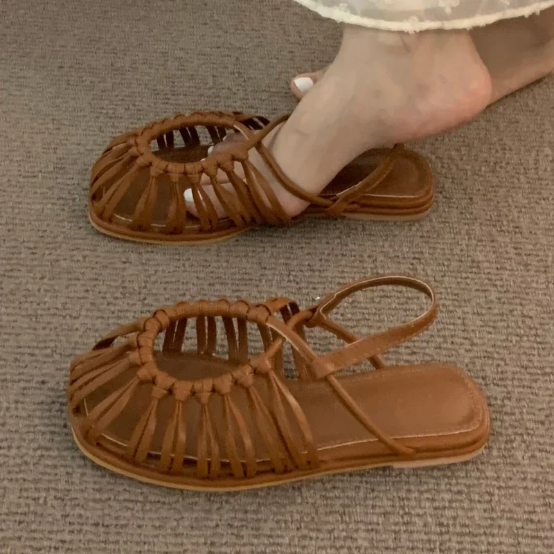 Ladies Shoes High Quality Slip on Ankle-wrap Women's Sandals Summer Solid Closed Toe Chunky Heels Beach Sandals Women