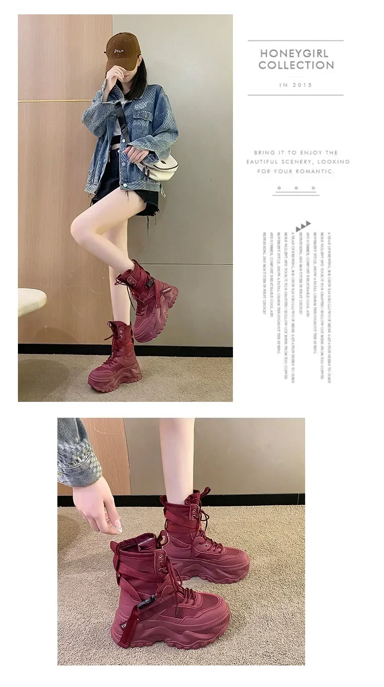 Classic Lace-up Platform Boots Women Mid-calf Flat Boots for Women Mesh Leather Splicing Light Non-slip Breathable Casual Boots