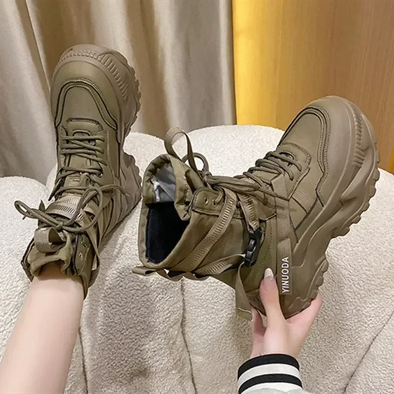 Classic Lace-up Platform Boots Women Mid-calf Flat Boots for Women Mesh Leather Splicing Light Non-slip Breathable Casual Boots