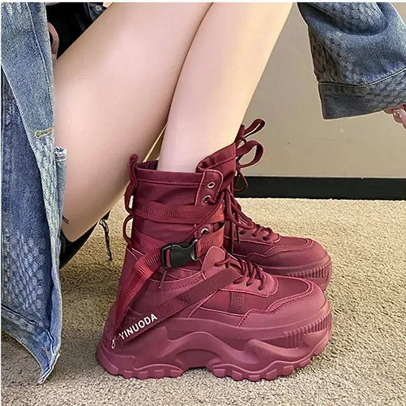 Classic Lace-up Platform Boots Women Mid-calf Flat Boots for Women Mesh Leather Splicing Light Non-slip Breathable Casual Boots
