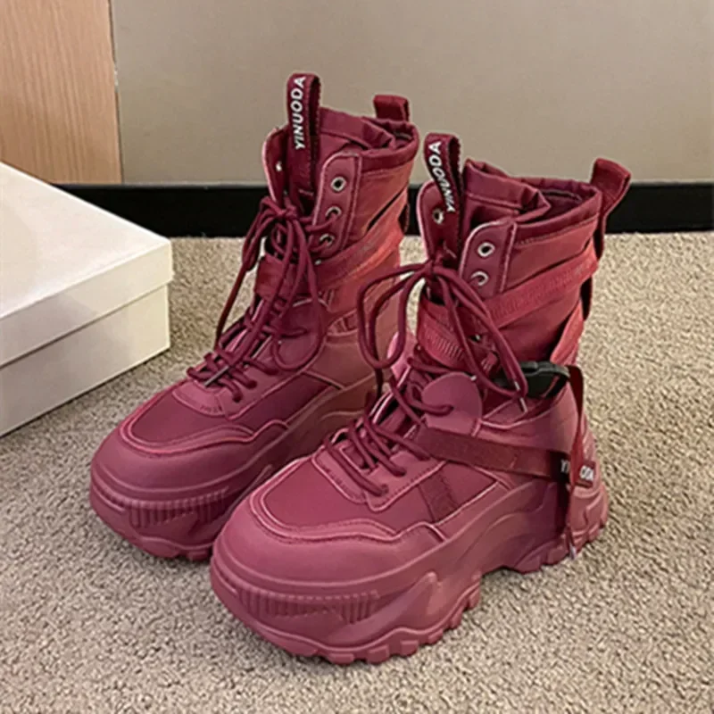 Classic Lace-up Platform Boots Women Mid-calf Flat Boots for Women Mesh Leather Splicing Light Non-slip Breathable Casual Boots