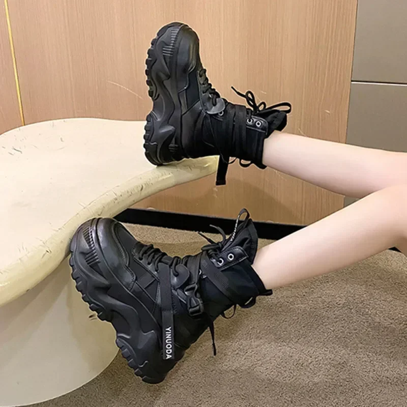 Classic Lace-up Platform Boots Women Mid-calf Flat Boots for Women Mesh Leather Splicing Light Non-slip Breathable Casual Boots