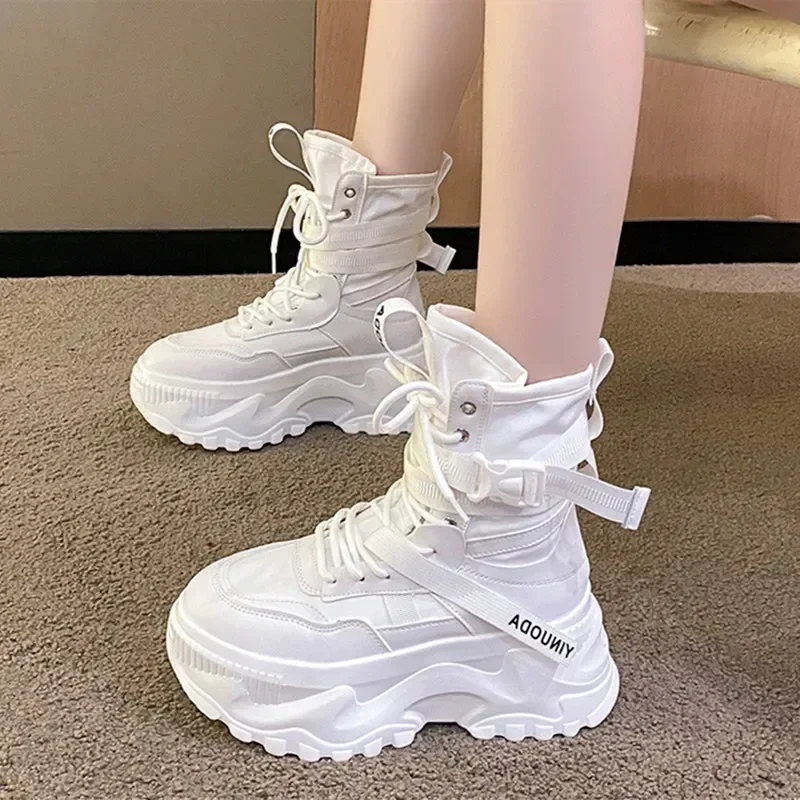 Classic Lace-up Platform Boots Women Mid-calf Flat Boots for Women Mesh Leather Splicing Light Non-slip Breathable Casual Boots