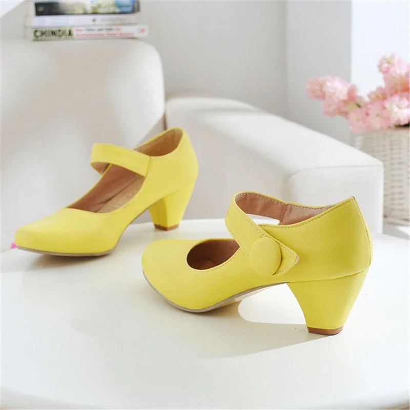 Yellow Women's Block Low Heels Mary Janes Shoes Fashion Comfortable Pumps Strap Beige Pink Party Wedding Shoes Ladies Casual