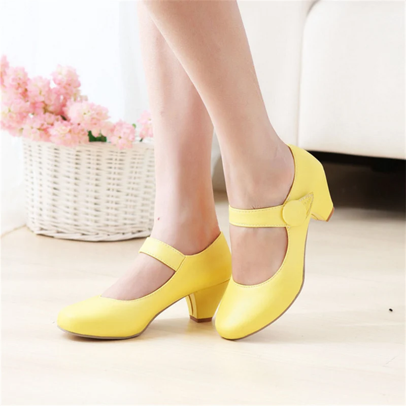 Yellow Women's Block Low Heels Mary Janes Shoes Fashion Comfortable Pumps Strap Beige Pink Party Wedding Shoes Ladies Casual