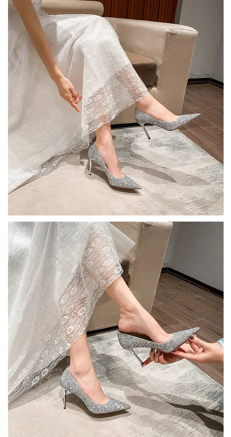2024 Fashion Spring New Autumn Woman 9CM/7CM High Heels Silver Wedding Shoes Stiletto Pointed Toe Slip-on PU Bling Luxury Ladies