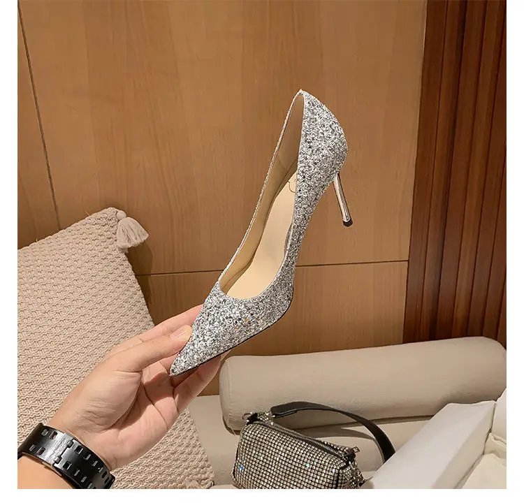 2024 Fashion Spring New Autumn Woman 9CM/7CM High Heels Silver Wedding Shoes Stiletto Pointed Toe Slip-on PU Bling Luxury Ladies
