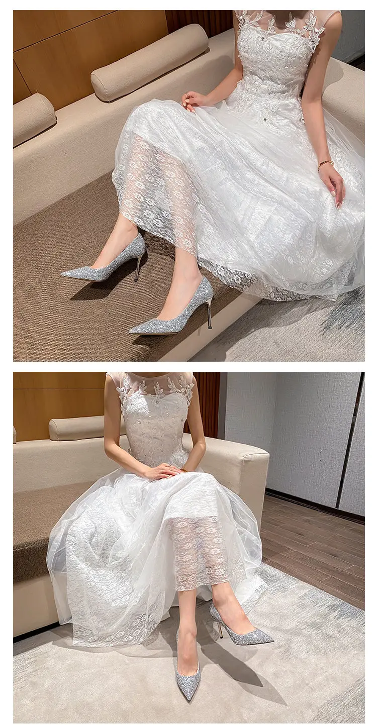 2024 Fashion Spring New Autumn Woman 9CM/7CM High Heels Silver Wedding Shoes Stiletto Pointed Toe Slip-on PU Bling Luxury Ladies