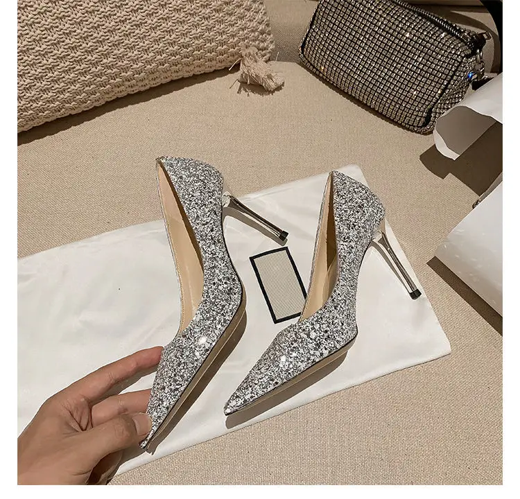 2024 Fashion Spring New Autumn Woman 9CM/7CM High Heels Silver Wedding Shoes Stiletto Pointed Toe Slip-on PU Bling Luxury Ladies