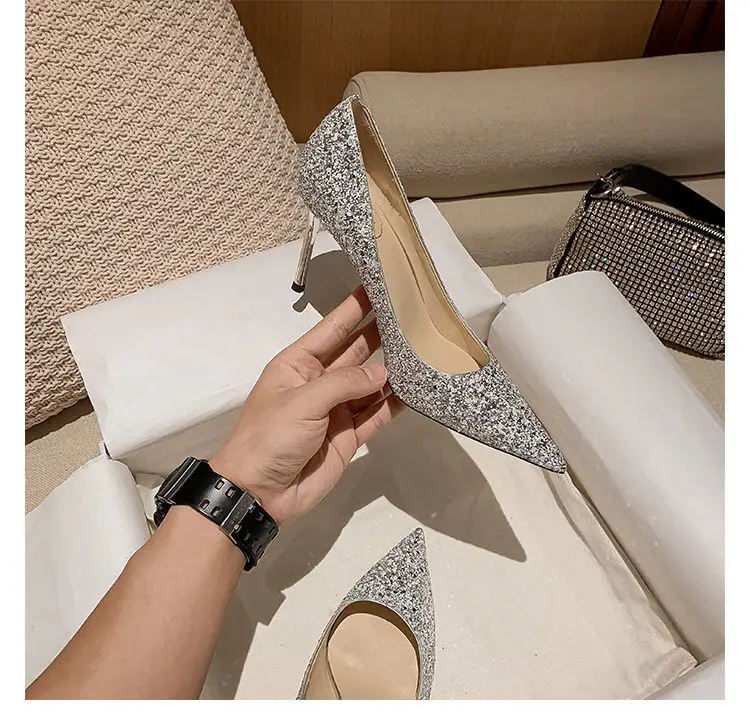 2024 Fashion Spring New Autumn Woman 9CM/7CM High Heels Silver Wedding Shoes Stiletto Pointed Toe Slip-on PU Bling Luxury Ladies