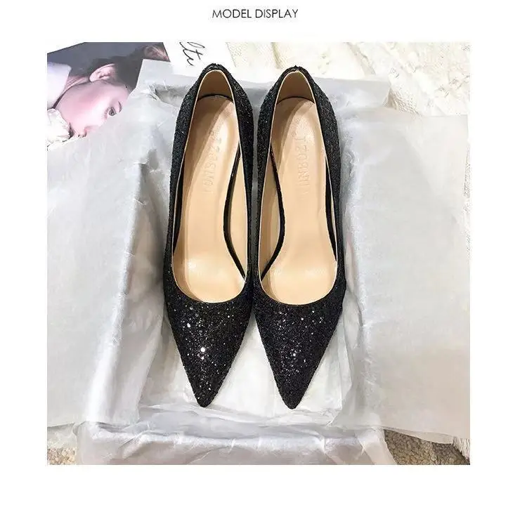 2024 Fashion Spring New Autumn Woman 9CM/7CM High Heels Silver Wedding Shoes Stiletto Pointed Toe Slip-on PU Bling Luxury Ladies